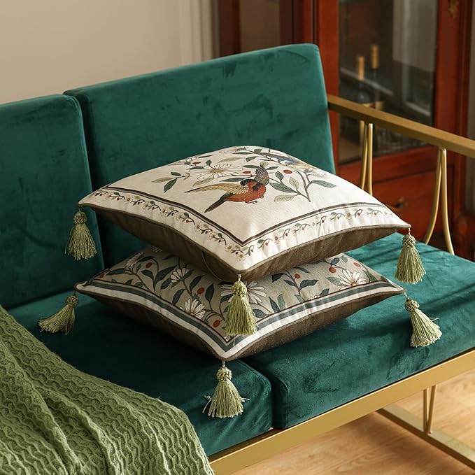 Design Square Bird Floral Linen Throw Pillow Covers 18"x18" Pack of 2, White Simple Elegant Daisy Pattern Cushion Covers Decor Pillowcases for Bed,Living Room,Outdoor,Car