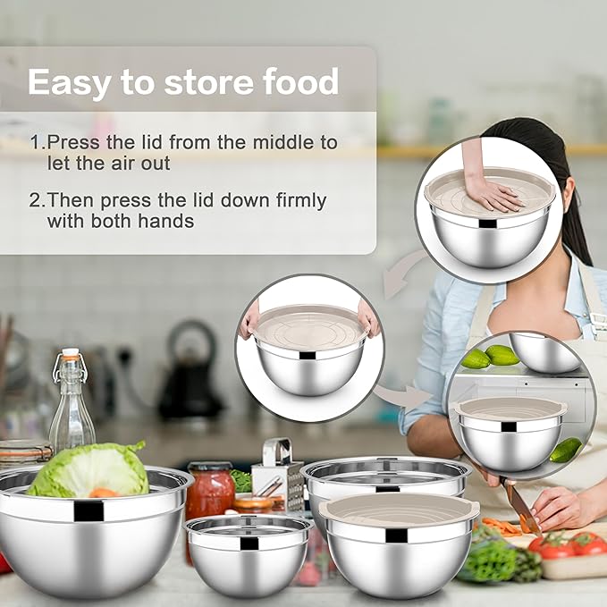E-far Stainless Steel Mixing Bowls with Lids, 7-Piece Metal Mixing Bowls with Khaki Airtight Lids for Baking/Cooking/Prepping, Size 7, 4.6, 3, 2, 1.5, 1, 0.7QT, Nesting Design & Easy Storage