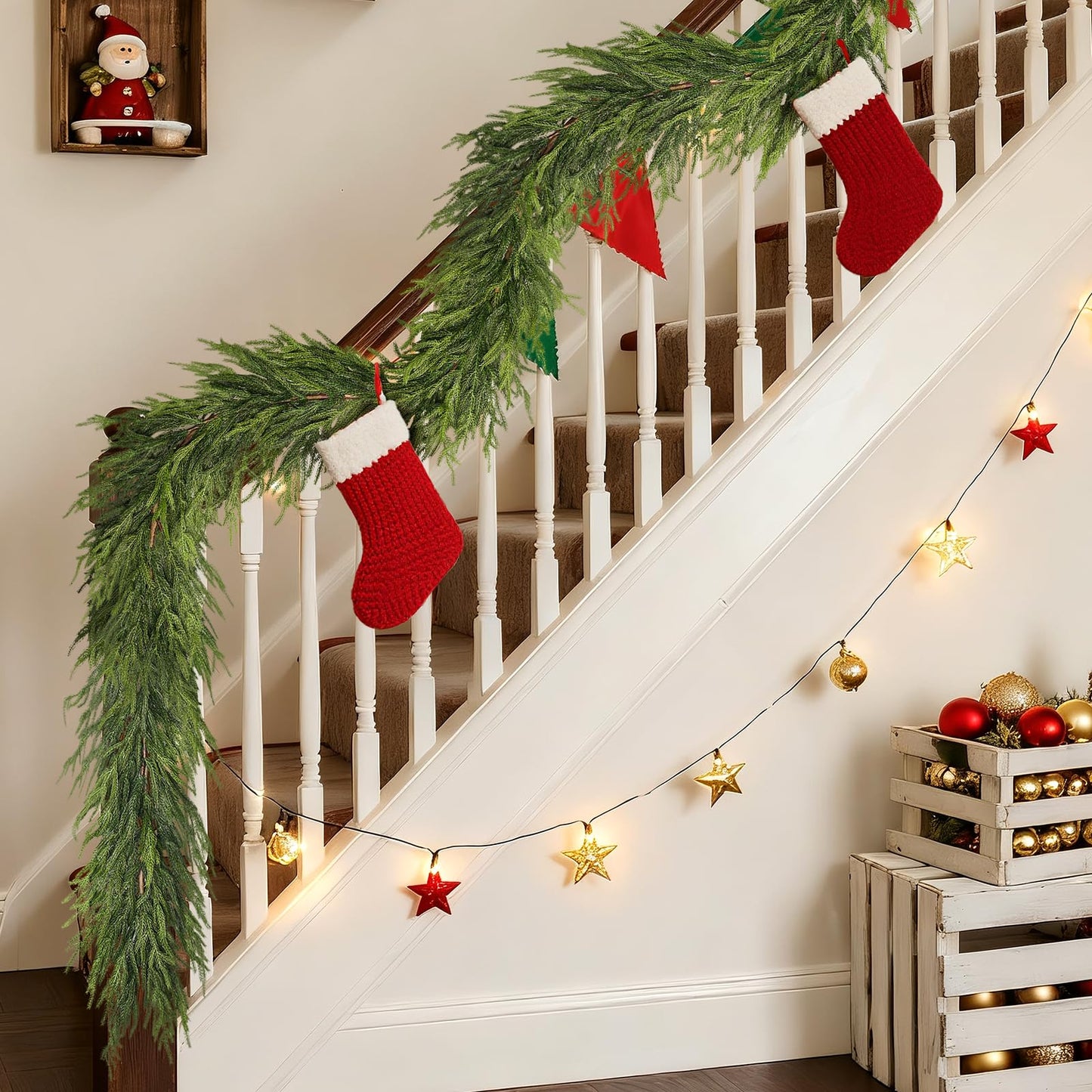 Real Touch Christmas Norfolk Pine Garland - 9ft Artificial Christmas Garland Fake Pine Needles Faux Green Garland for Fireplace,Table,Window,Stairs,Mante,Holiday Indoor Outdoor Xmas Decor(1PCS)