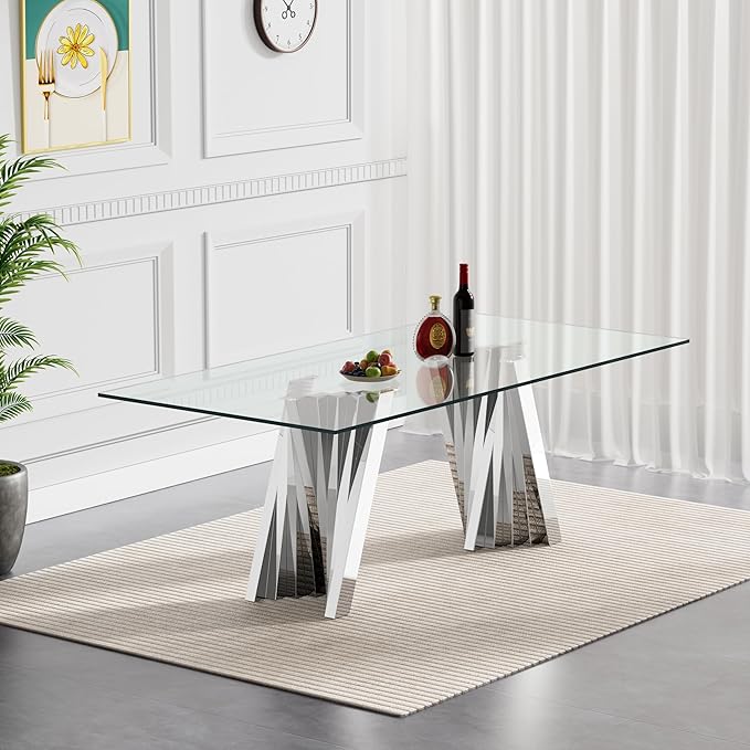 Goujxcy 70" Glass Dining Table Set for 6, Modern Silver Dining Table Set with 6 Beige Velvet Upholstered Dining Chairs, 7 Piece Kitchen Dining Room Table Set with Stainless Steel Legs