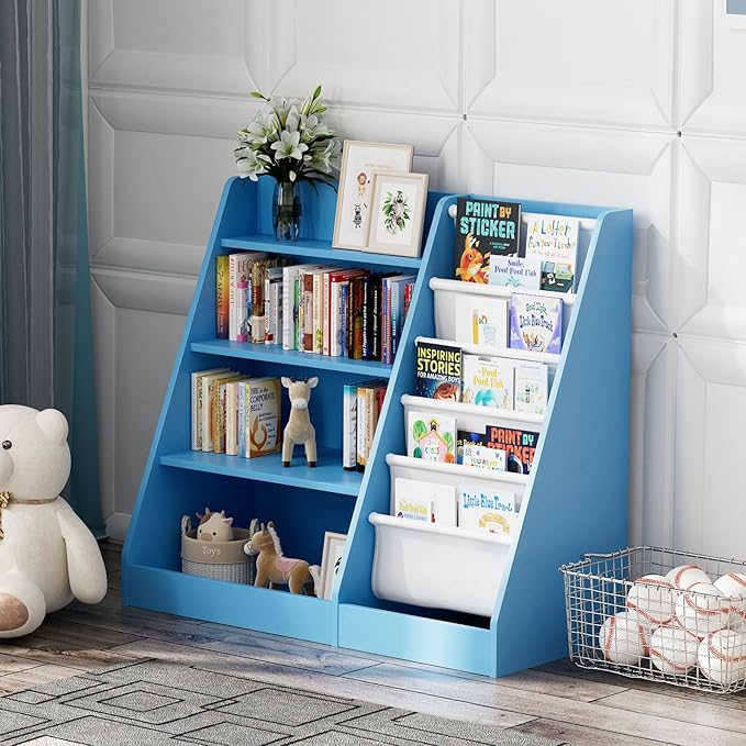 Blue 4 Tier Kids Wooden Bookshelf,Five Layer Sling Bookcase,Baby Storage Book Rack,Child Book and Toy Organizer Cabinet Chest,Toddler Book Display Playroom Kids Room Bedroom Classroom Nursery Library