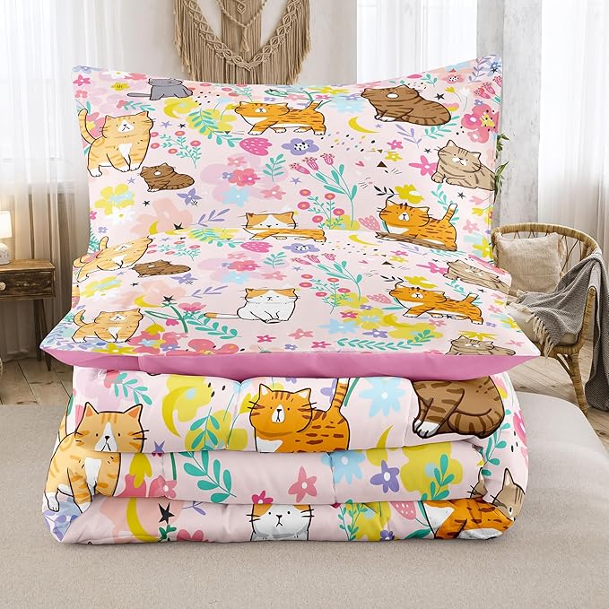 Tailor Shop Cat Comforter Sets King Size,Pink Cat Bedding Sets for Girls Kids Teens with 2 Pillowcase…