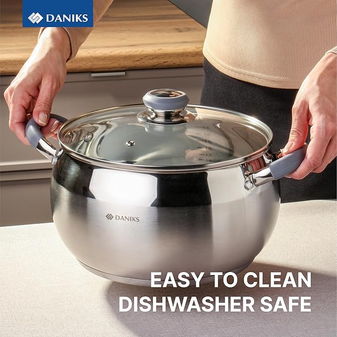 Daniks Modern Stainless Steel Stock Pot with Glass Lid – Induction 7 Quart, Dishwasher Safe, Heatproof Handles, For Soup, Pasta, Stew, Silver