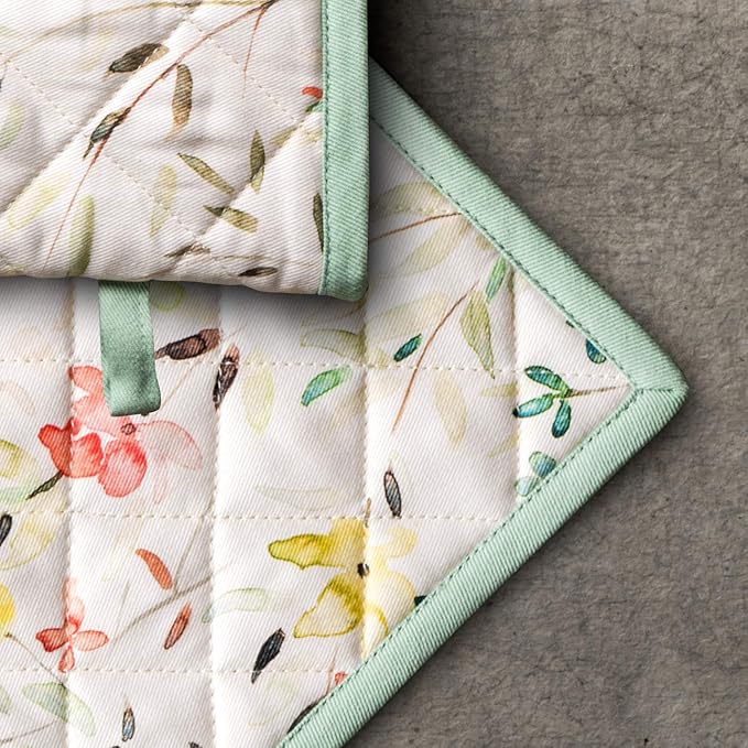 Maison d' Hermine Pot Holders Set 100% Cotton Heat Resistant Potholders 8" x 8" Hot Pads with Loop BBQ, Cooking, Baking, Grilling, Kitchen, Handling Hot Pans Spring/Summer (Pack of 2, Colmar)