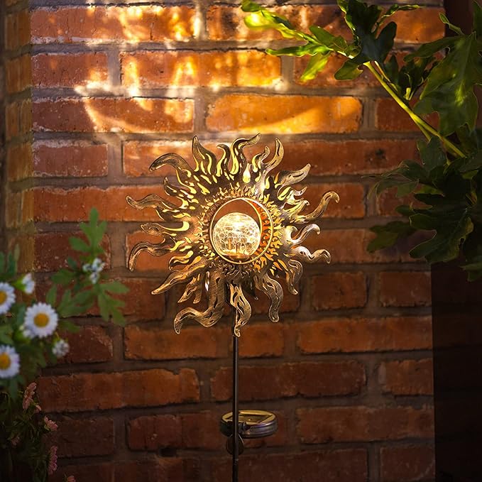 Solar Lights Outdoor Garden Decor Solar Powered Sun Lantern for Yard, Patio,Lawn or Pathway Sun Decorations Crackle Glass Globe Stake Metal Lights Waterproof Warm LED Garden Pathway