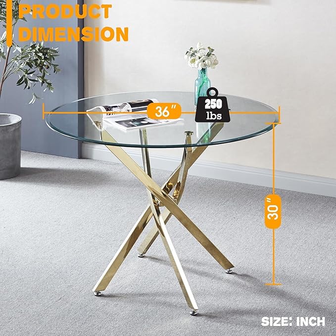 36-Inch Round Dining Room Table for 2-4, Modern Small Gold Glass Circle Kitchen Dining Table with Cross-Shape Stainless Steel Legs for Apartment Kitchen Dining Room