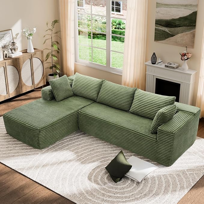 Modern Cloud Modular Sectional Sofa with Chaise, 106" L-Shaped Sofa Couch for Living Room, Deep Seat Plush Boneless Couches, Includes Pillows, Right Chaise, Green