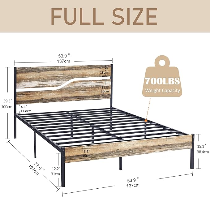 VECELO Full Size Platform Bed Frame with Headboard and Footboard, Solid and Strong Metal Support, No Box Spring Needed