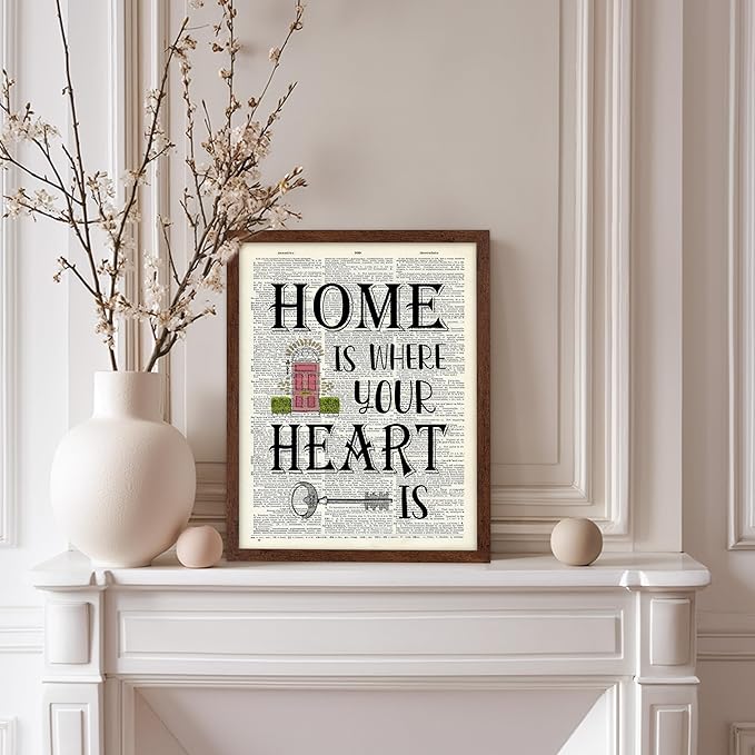 Poster Master Dictionary Art Poster - Home Is Where Your Heart Is Print - Motivational Art - Gift for Men & Women - Inspiring Wall Decor for Dorm, Bedroom or Living Room, 8x10 Brown Framed