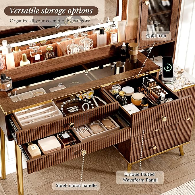 Vanity Desk with 35.12" HD Lighted Mirror, 46.85" Big Modern Vanity Desk with Mirror and Lights, Makeup Vanity with 7 Drawers and Storage Shelves and Charging Station, Walnut