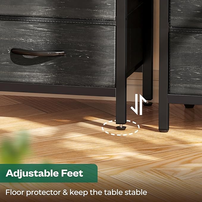 Huuger Nightstand with Charging Station, Fabric Drawers, End Table with Open Shelf, Bedside Table with USB Ports and Outlets, Night Stand for Bedroom, Charcoal Black Wood Grain Print