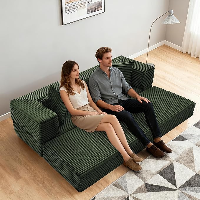 Sectional Boneless Couch Convertible Sofa Bed,78'' Modular Sectional Sleeper Sofa with Removable Armrests & 3 Pillows,Small Floor Couch No Assembly Needed for Living Room, Office, Bedroom,Light Green