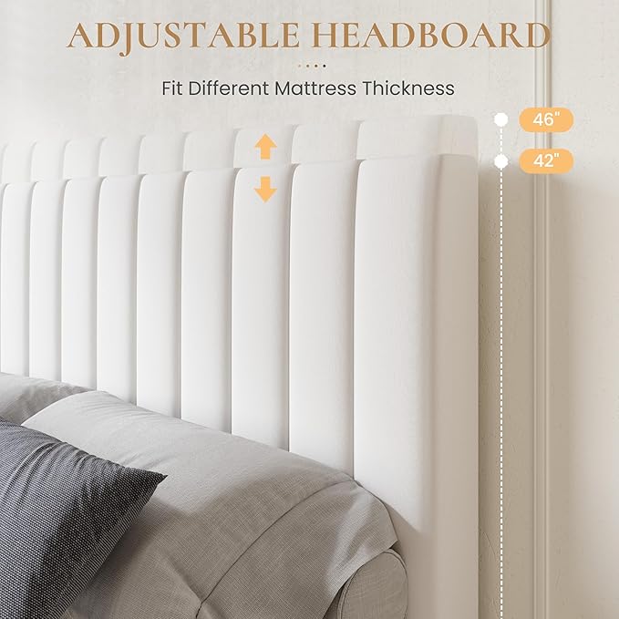 SHA CERLIN Queen Size Platform Bed Frame with 4 Storage Drawers, Vertical Channel Tufted Adjustable Headboard, Velvet Upholstered, Wooden Slats Support, No Box Spring Needed, Easy Assembly, White