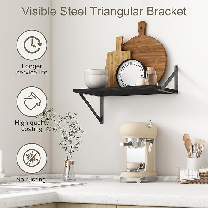 Fun Memories Black Floating Shelves 18 Inch Long, Rustic Floating Shelf with Brackets, 12 Inch Deep Wall Shelves, Black Bathroom Shelves, 18 x 12 Storage Shelf for Kitchen, Living Room, Set of 2