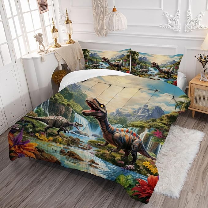 King Size Kids Dinosaur Bedding Set - 3 Piece Microfiber Dinosaur Comforter Set for Boys & Home Decor