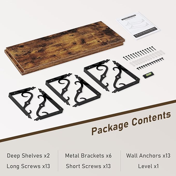 Deep Floating Shelves, 31" W x 12" D Wall Shelves Set of 2, Wide Display Shelf Wall Mounted with Brackets, Bookshelf for Living Room, Bathroom, Bedroom, Rustic Brown