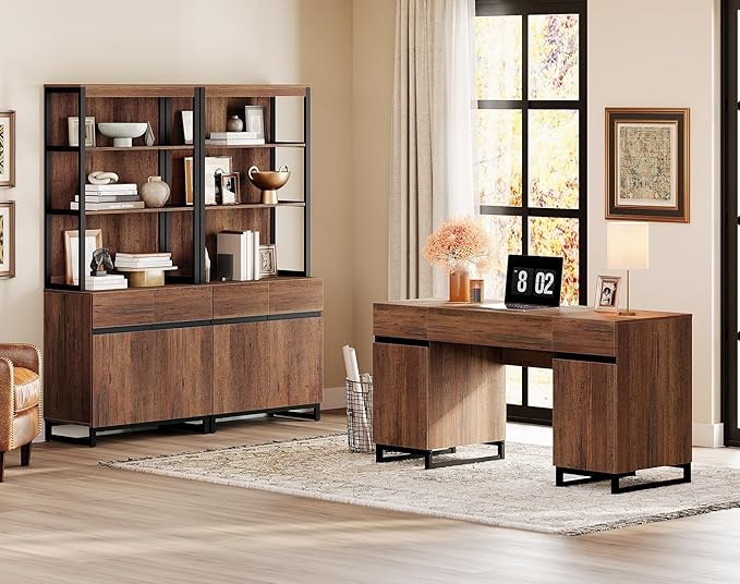 WAMPAT 2 PCS Modern 72" Tall Bookcases with Metal Base and Adjustable Shelves, Library Book Shelf with Storage Cabinet and Open Book Shelfs, Wood Bookshelves for Home Office, Living Room, Brown