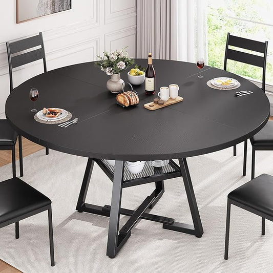 51'' Round Dining Table for 6,Kitchen Dining Room Circle Dinner Pedestal Table,Space Saving Wood Kitchen & Dining Room Furniture (Black, 51In)