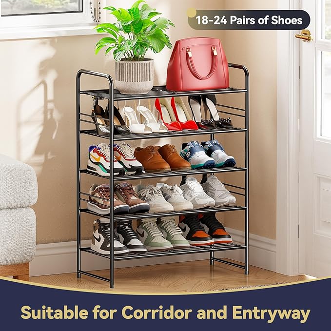 5-Tier 27” Wide Shoe Rack for Closet, Metal Stackable Shoe Shelf Organizer, Holds 18 Pairs Large Capacity, Black