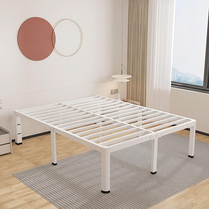 ROIL 18 Inch White California King Bed Frame with Rounded Corner and Headboard Hole Mattress Retainers 3500LBS Heavy Duty Steel Slats No Box Spring Needed Platform Noise-Free Easy Assembly