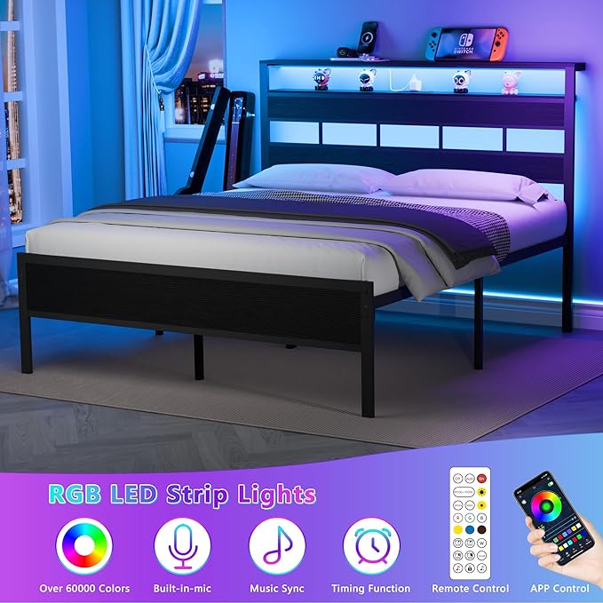 Furnulem Queen Bed Frame with Storage Headboard and LED Lights, Metal Bedframe with Charging Station and USB Port, Queen Size Platform Bed with Heavy Duty Slats, No Box Spring Needed, Black Oak