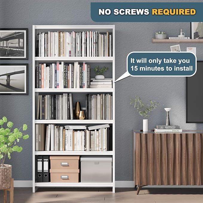 Bookshelf,5 Tier Bookshelves,69" Tall Metal White Bookcase,Install Simple Bookshelves for Bedroom, Living Room,Home Office/Library(White)