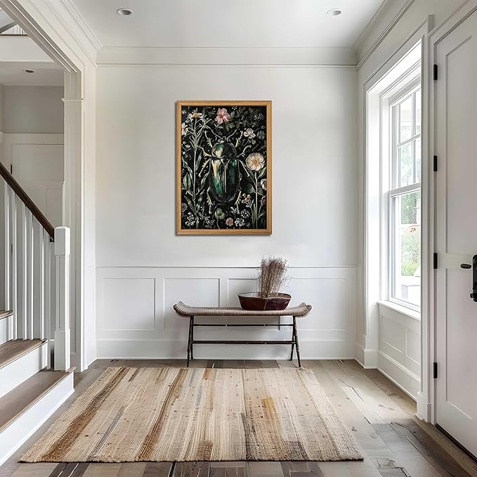 Framed Vintage 3D Textured Wall Art - Gothic Dark College Beetle Wall Decor - Hand Drawn Sandstone Nature Botanical Pictures for Living Room Bedroom Home Decor 24x36in