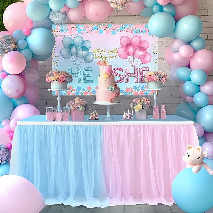 2 Pack 6ft Pink and Blue Tulle Table Skirt for Gender Reveal Tutu Table Clothes Cover for Baby Shower Boy or Girl Birthday Party Table Decorations, Gender Reveal Party Supplies