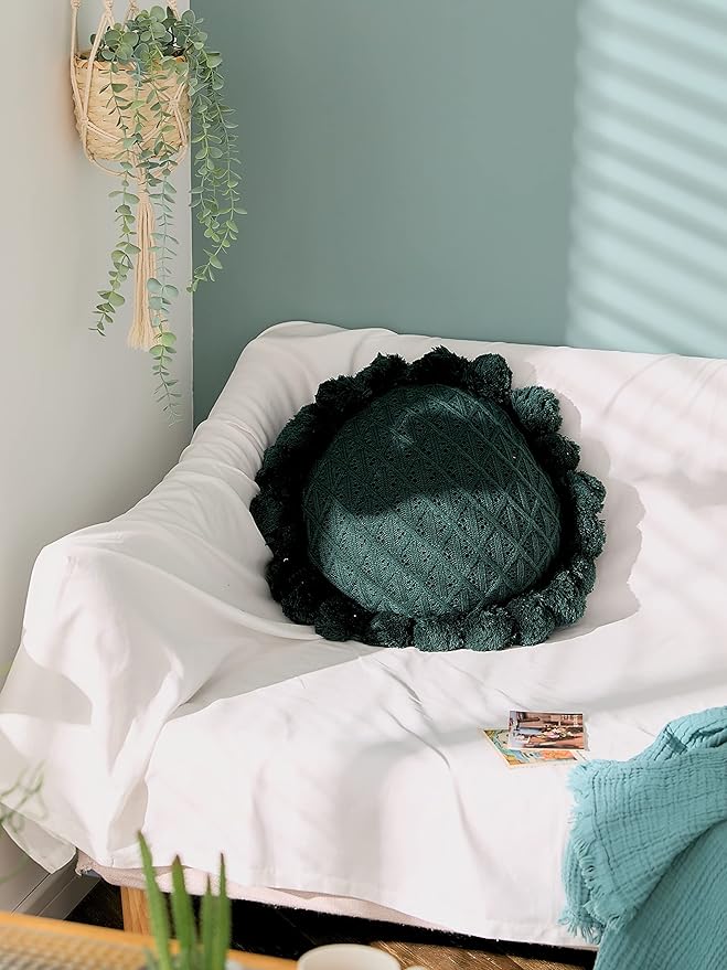 Knitted Throw Pillow Round Couch Pillow Sofa Cute Cushion Handmade Pompoms Decorative Plush Pillow (Green, Diameter 20inches)