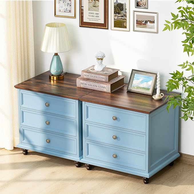24" Wide Farmhouse Night Stand,Large End Table with 3 Drawers & Metal Handle,Wood Dresser for Bedroom, Bed Side Table Chest of Drawers Cabinet,Light Blue Nightstand for Living Room,Closet