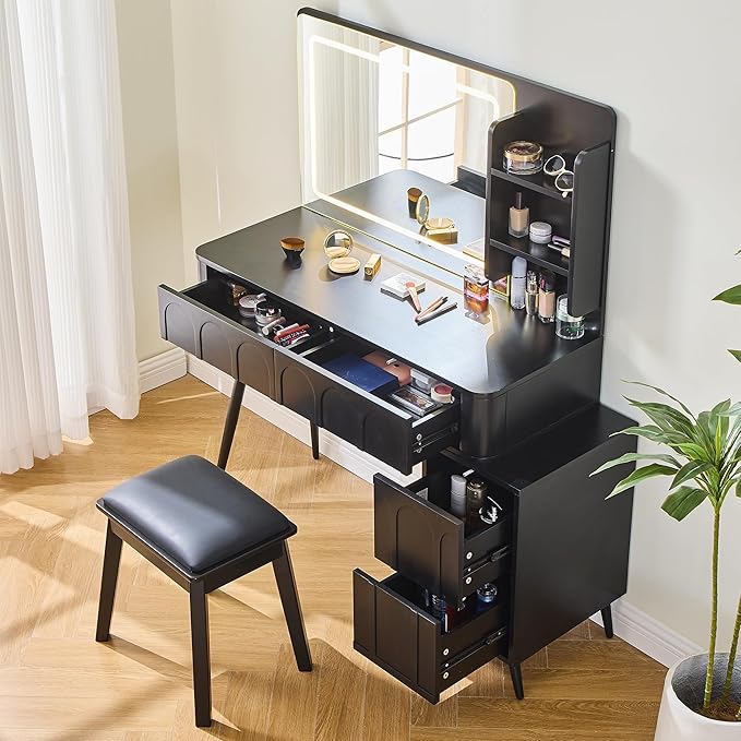 Merax Makeup Vanity Desk with Mirror and Lights, Vanity Table and Stool Set with Drawer & Movable Side Cabinet, Black Dressing Table for Bedroom with Mirror and 3 Color Modes