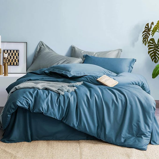 MILDLY 100% Long-Staple Cotton Duvet Cover Set Queen Size Teal Blue Comforter Cover Sets Ultra Soft Bedding Set 3 PCS with Zipper Closure & Corner Tie (No Comforter)