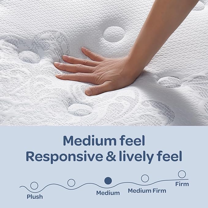 OhGeni 10 Inch Cooling Queen Size Mattress, Hybrid Gel-Infused Memory Foam Bed Mattresses in a Box, Medium Feel Cool Top Fabric, Individual Pocket Innerspring, 3-Zone Design & Reinforced Edge Support