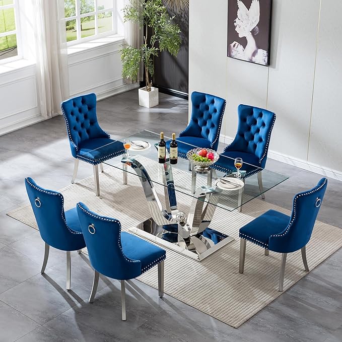 70" Modern Silver Glass Dining Table Set for 6, 7-Piece Rectangle Kitchen Dining Room Table Set with Steel Base & 6 Blue Velvet Upholstered Chairs, Modern Glass Kitchen Table and Chairs Set of 6