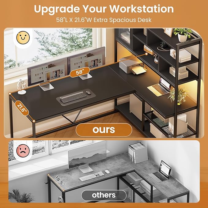 SEDETA L Shaped Computer Desk, 58'' Office Desk with LED Light and Bookshelf, L Shaped Corner Desk with Storage Shelves for Home Office, Gaming Desk, L Desk, Black