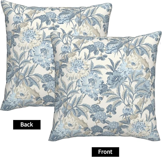 Blue Floral Spring Summer Rustic Flower Throw Pillow Covers 18x18 Inch Set of 2 Farmhouse Decorative Pillows Cover Vintage Country Cushion Case of Indoor Outdoor Sofa Living Room Bedroom