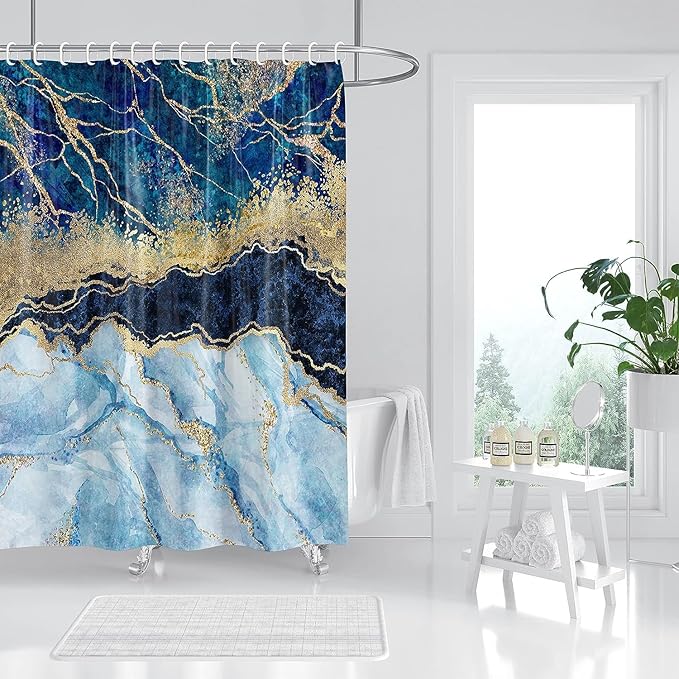 Marble Shower Curtain, Blue Marble Shower Curtain Set, Abstract Luxury Blue Golden Glitter Veins Texture Marble Shower Curtains for Bathroom, Waterproof Fabric, 72 x 78 inches