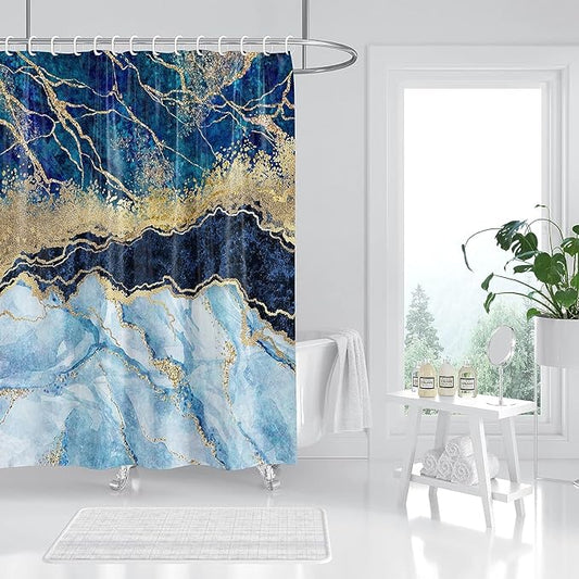 Marble Shower Curtain, Blue Marble Shower Curtain Set, Abstract Luxury Blue Golden Glitter Veins Texture Marble Shower Curtains for Bathroom, Waterproof Fabric, 72 x 78 inches
