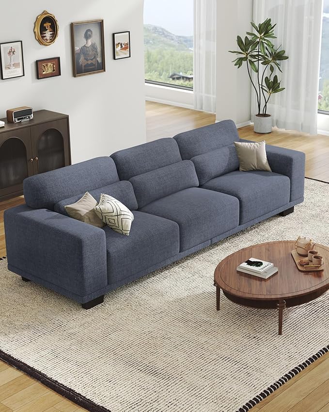 Pipishell 3 Seater Sofa Couch, Sofas for Living Room with Deep Seats and Wide Armrests, 89" Modern Linen Sofa Supportive with Thickened Cushion, Cotton-Linen Couches, Removable & Washable Covers, Blue