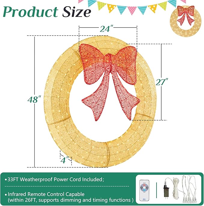 Sweetcrispy 48in Pre-Lit Christmas Wreath, LED Lighted Holiday Outdoor Decoration with Bow for Door, Mantel, Wall, Windows, Front Door Decor, Gold Wreath - Red Bow