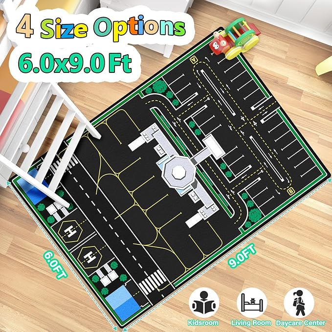 Kids Rug, Road Carpet for Kids with Combined City Road Traffic System, Car Rug and Airport Play Mat, 6x9 Ft Children’s Play Rugs for Playroom, Children’s City Traffic Map Fun Car Mat,Non-Slip