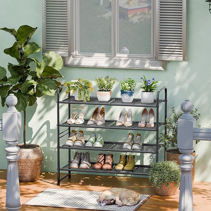 SUFAUY 33" Wide Shoe Rack, 4-Tier Shoe Storage Rack for 20-25 Pairs of Shoes, Shoe Organizer for Entryway, Stackable, Heavy Duty, Steel Frame, Industrial, Black