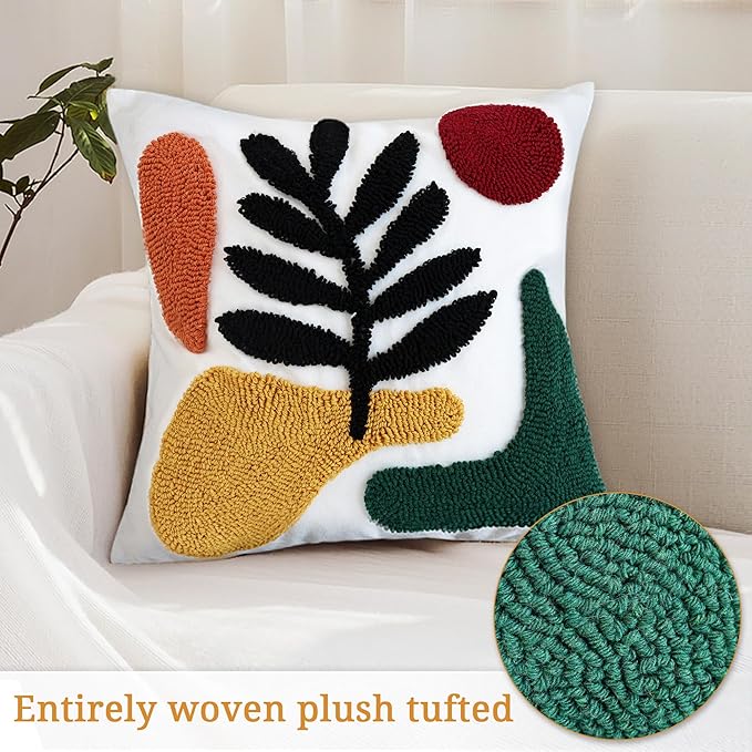 Boho Accent Pillow Covers 18x18- Tufted Abstract Modern Square Throw Pillow Covers, Farmhouse Decorative Pillowcase for Couch, Sofa, Bed, Living Room-Dark Green Khaki Red Geometric Black Leaf