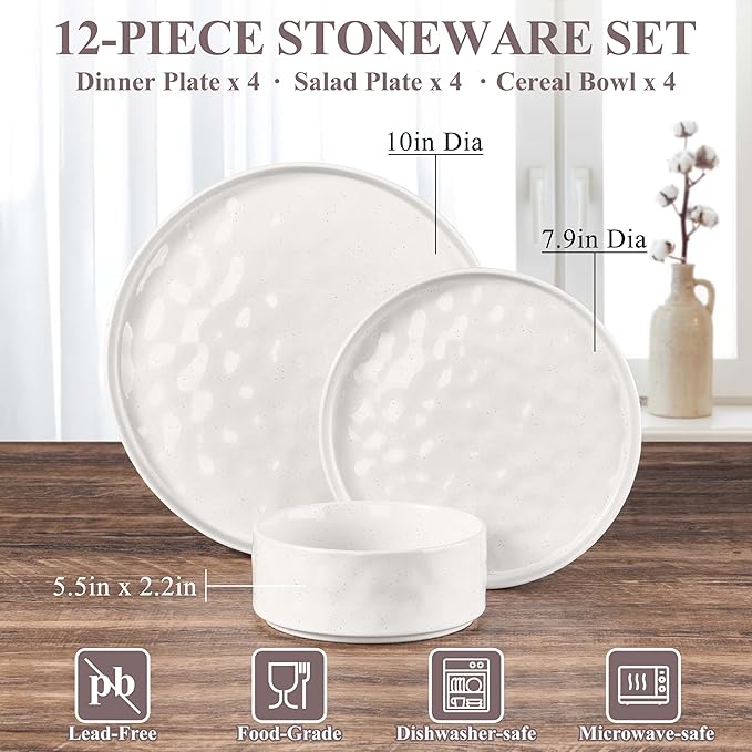 Herogo 12 Pieces Stoneware Dinnerware Sets for 4, Ceramic Plates and Bowls Sets, Dinner Dishware for Home Kitchen, Dishwasher & Microwave Safe, Speckled White