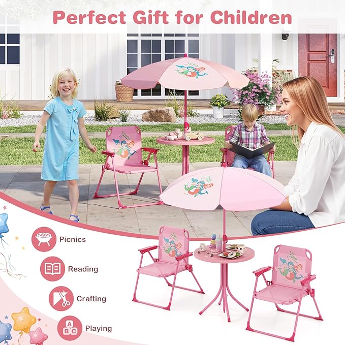 Costzon Kids Picnic Table, Kids Outdoor Table with 2 Folding Chairs, Height Adjustable Umbrella, Portable Children Outdoor Furniture for Patio, Garden, Backyard (Pink)
