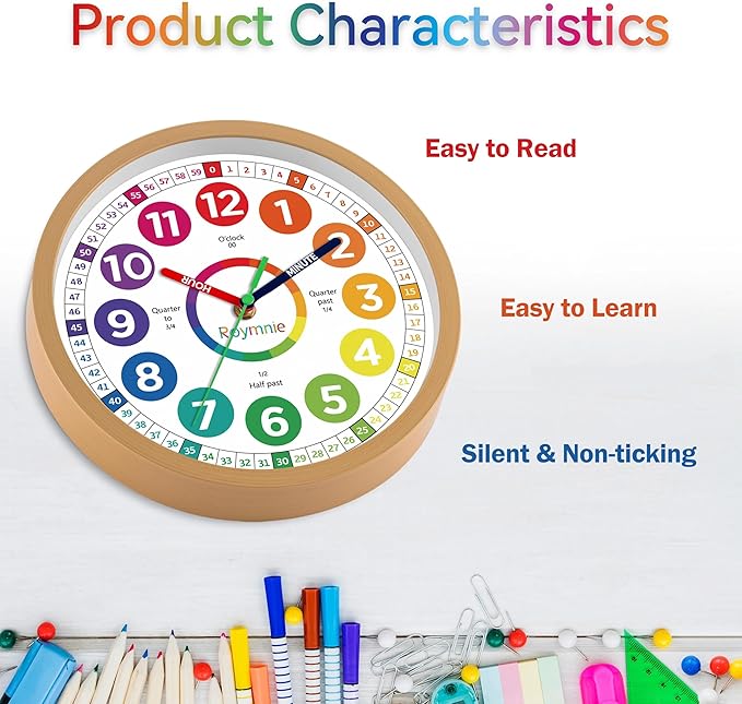 Wall Clock 10 Inch for Kids Learning Easily Kids Teaching Clock Analog Silent Non Ticking Battery Operated Colorful Teaching Time Clock Decorative for Kids Room Kitchen School