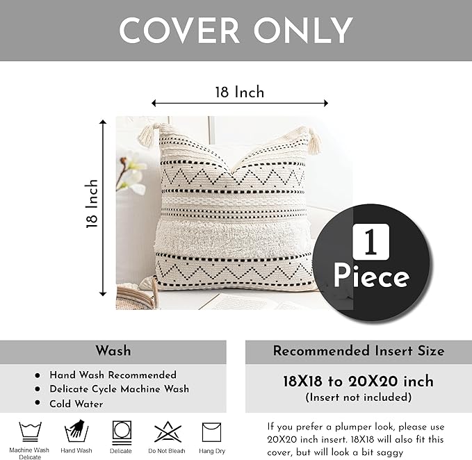Decorative Throw Pillow Cover 18X18 Square Boho Black Neutral White Accent Pillowcase Tassels Farmhouse Cushion for Couch Sofa Bedroom Living Room Home Décor (Cover ONLY, Pack of 1)