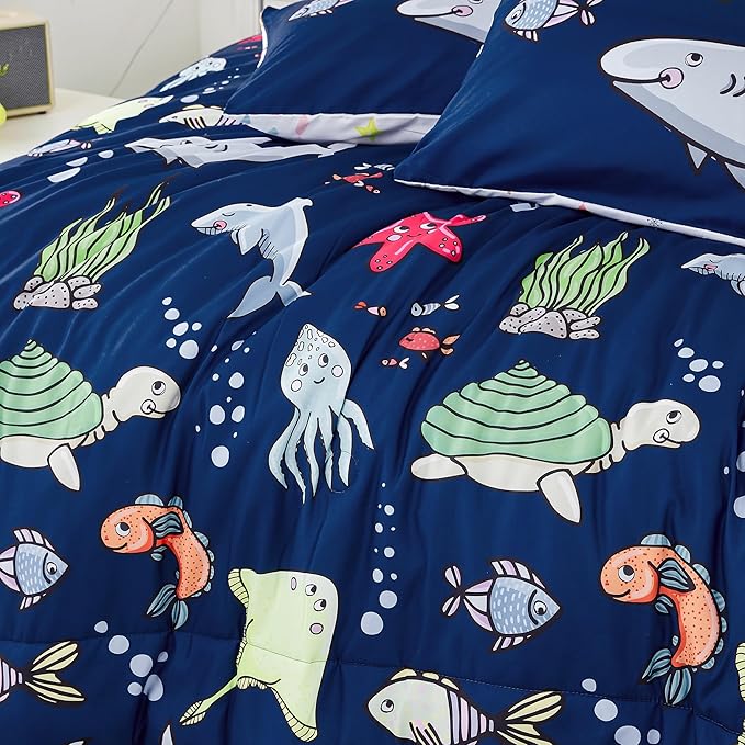 RYNGHIPY Kids Bedding Set for Twin Bed Reversible Ocean Animals Print Comforter Set for Boys Girls Easy-Wash Super Soft Microfiber Bed Set (Navy Ocean,Twin)
