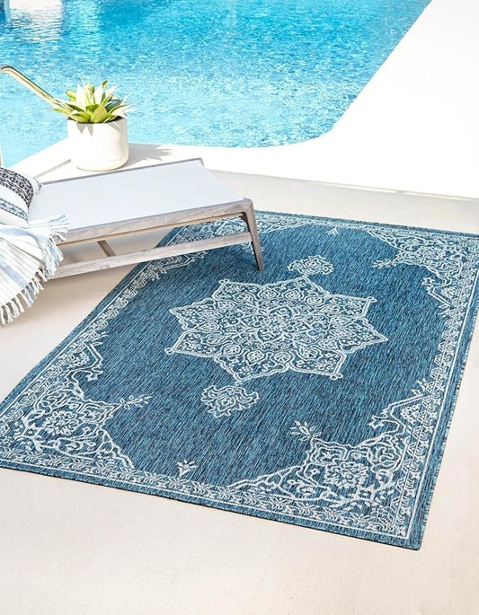 Unique Loom Outdoor Traditional Collection Area Rug - Antique (10' x 14' 1" Rectangle Teal/Ivory)