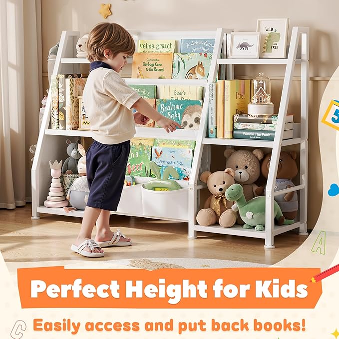 Kids Bookshelf Large Storage Bookcase: 3-Tier White Book Sling Shelf Toy Organizer for Toddler - Display Rack with 3 Pockets for Kids Rooms, Bedroom, Playroom, Nursery (Wood + Metal)